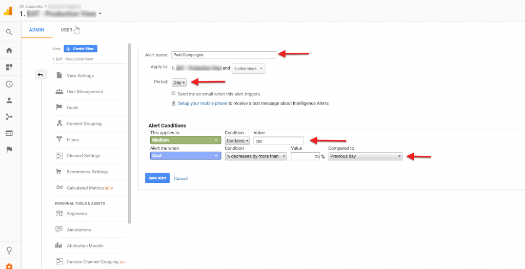 Google Analytics Features - configure custom alerts