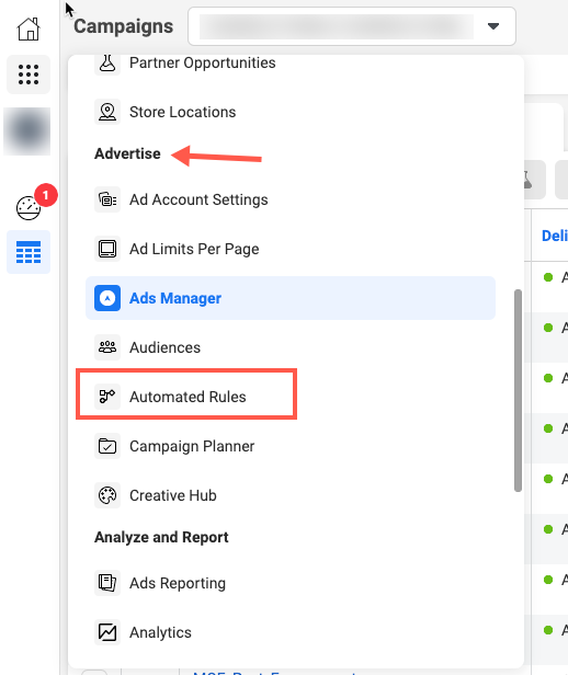 access automated rules Facebook Ads Manager