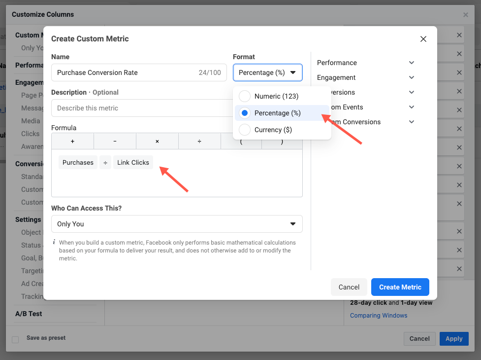 click create metric Facebook Ads Manager