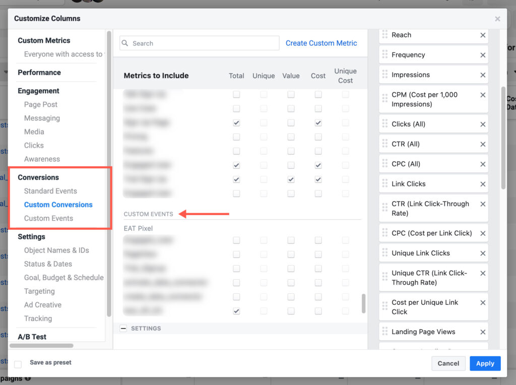 Finding custom Salesforce events in the Facebook Ads Manager.