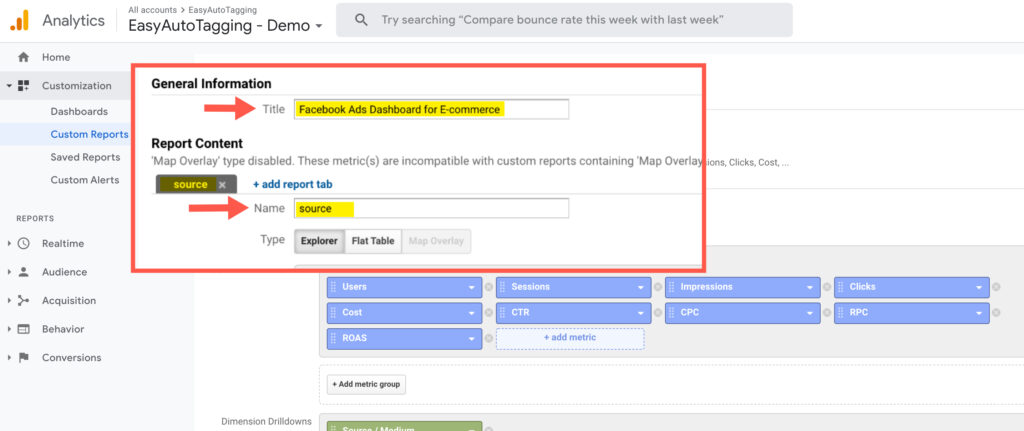 Rename report to Facebook Ads Dashboard for E-commerce