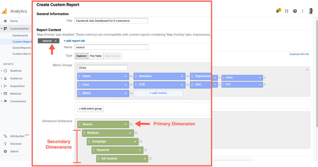 Primary and Secondary Dimensions Google Analytics Custom Reports