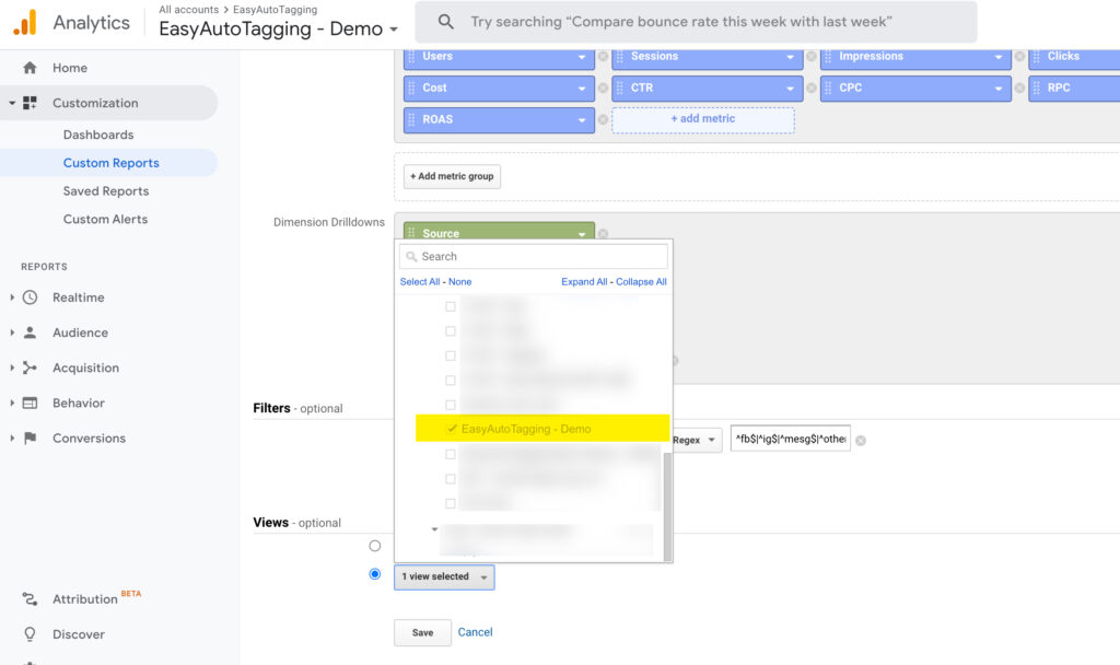 Selecting View for Facebook Ads Dashboard Google Analytics