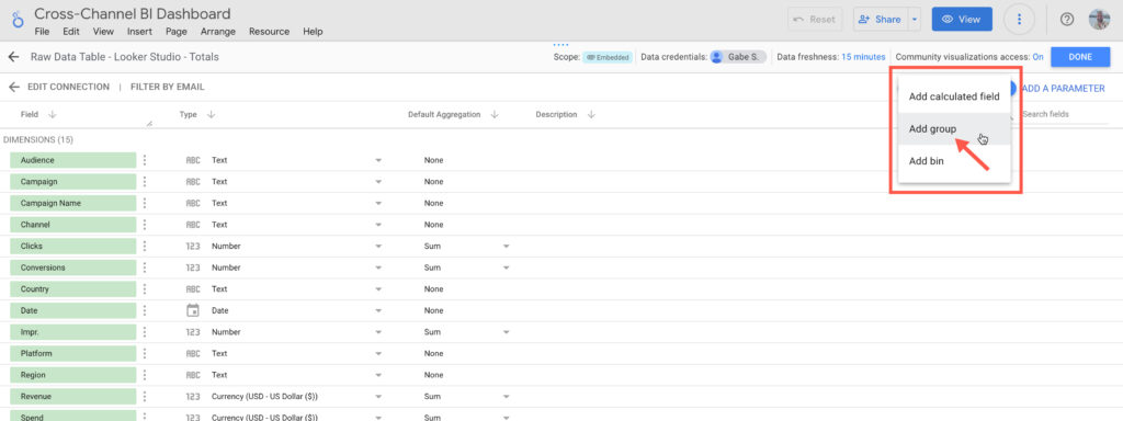 Add Custom Group Looker Studio